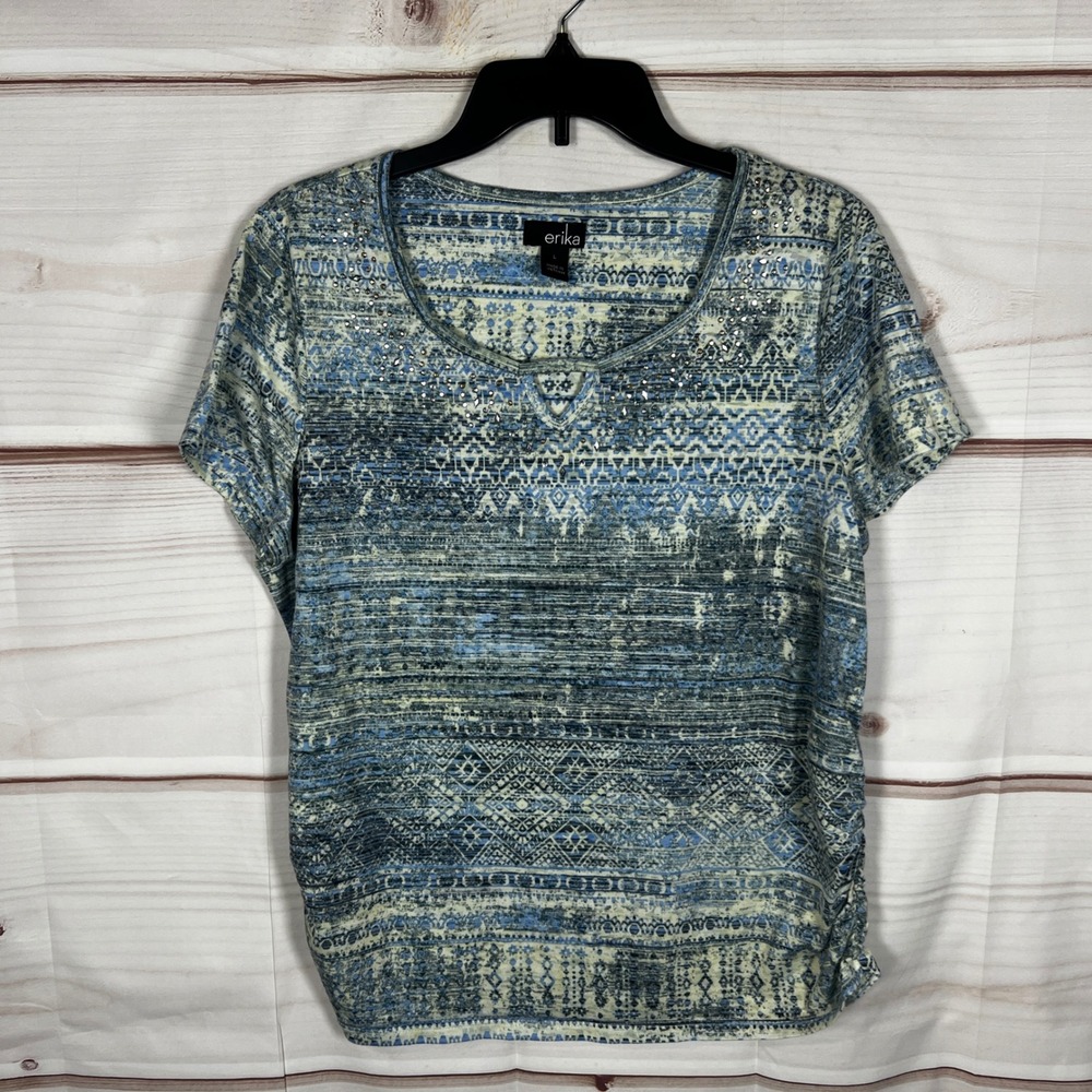 Erika Embellished‎ Top Womens Large Blue Geometric Studded Short Sleeve Keyhole